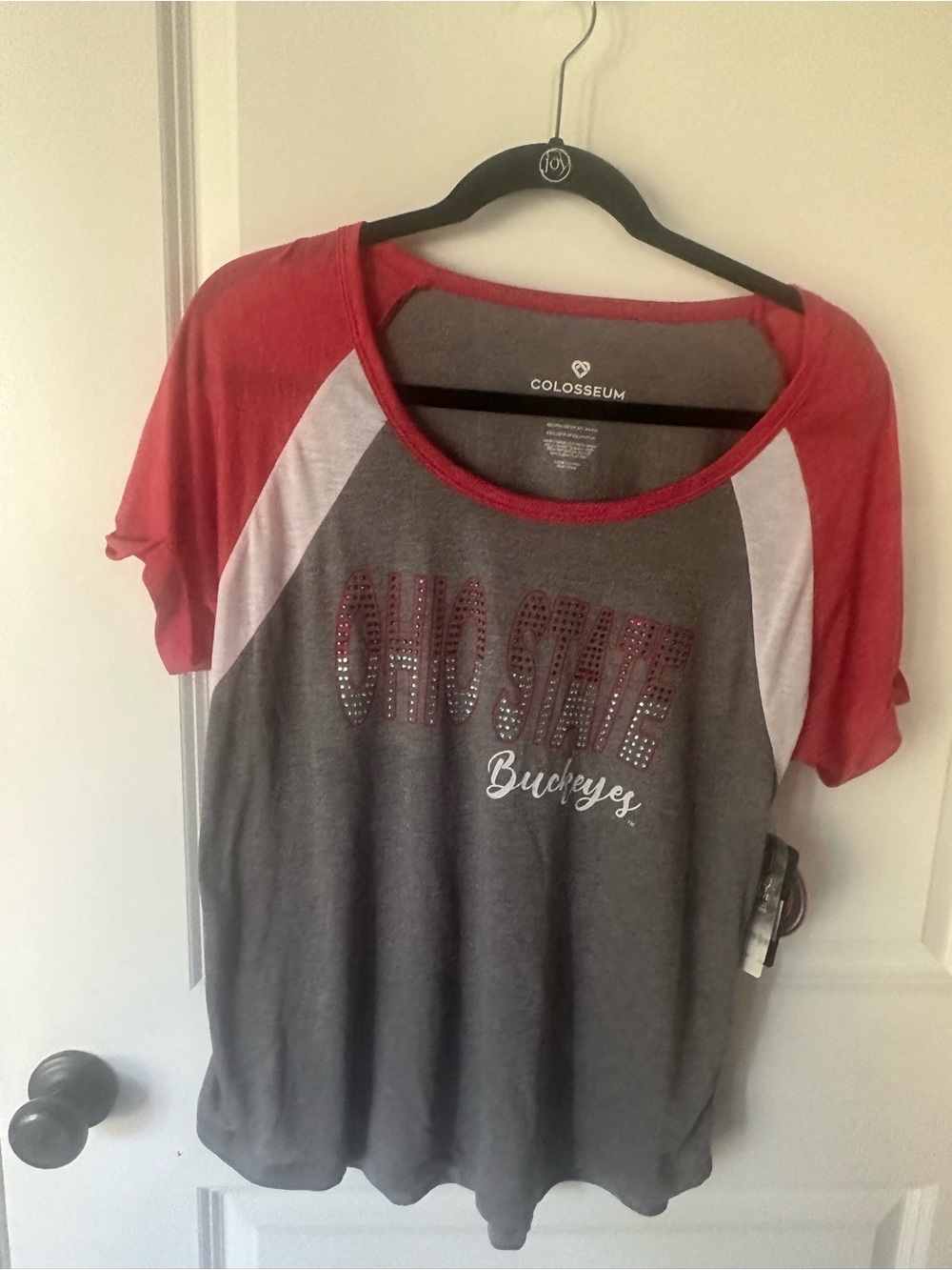 New large Colosseum Women's Grey Tee with Red Trim rhinestones
